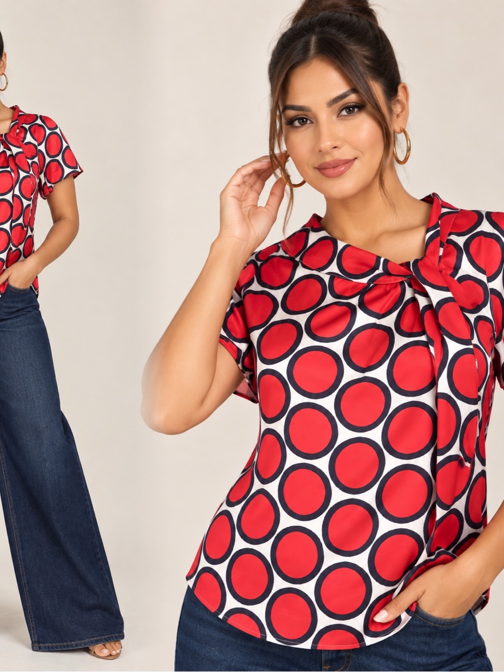 Liz Claiborne Red and Black Polka Dot Tie-Neck Blouse